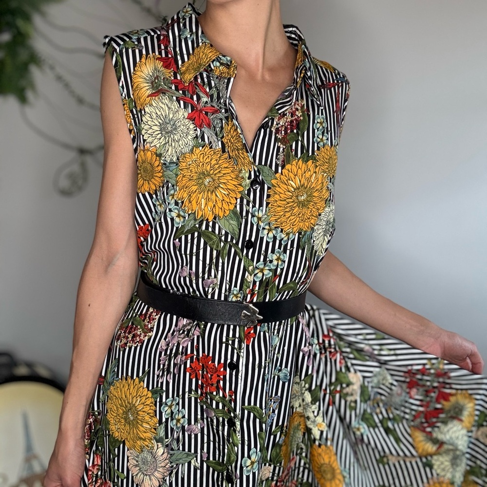 Floral Striped Sleeveless Shirt Dress Button Down Tent Shirtdress
